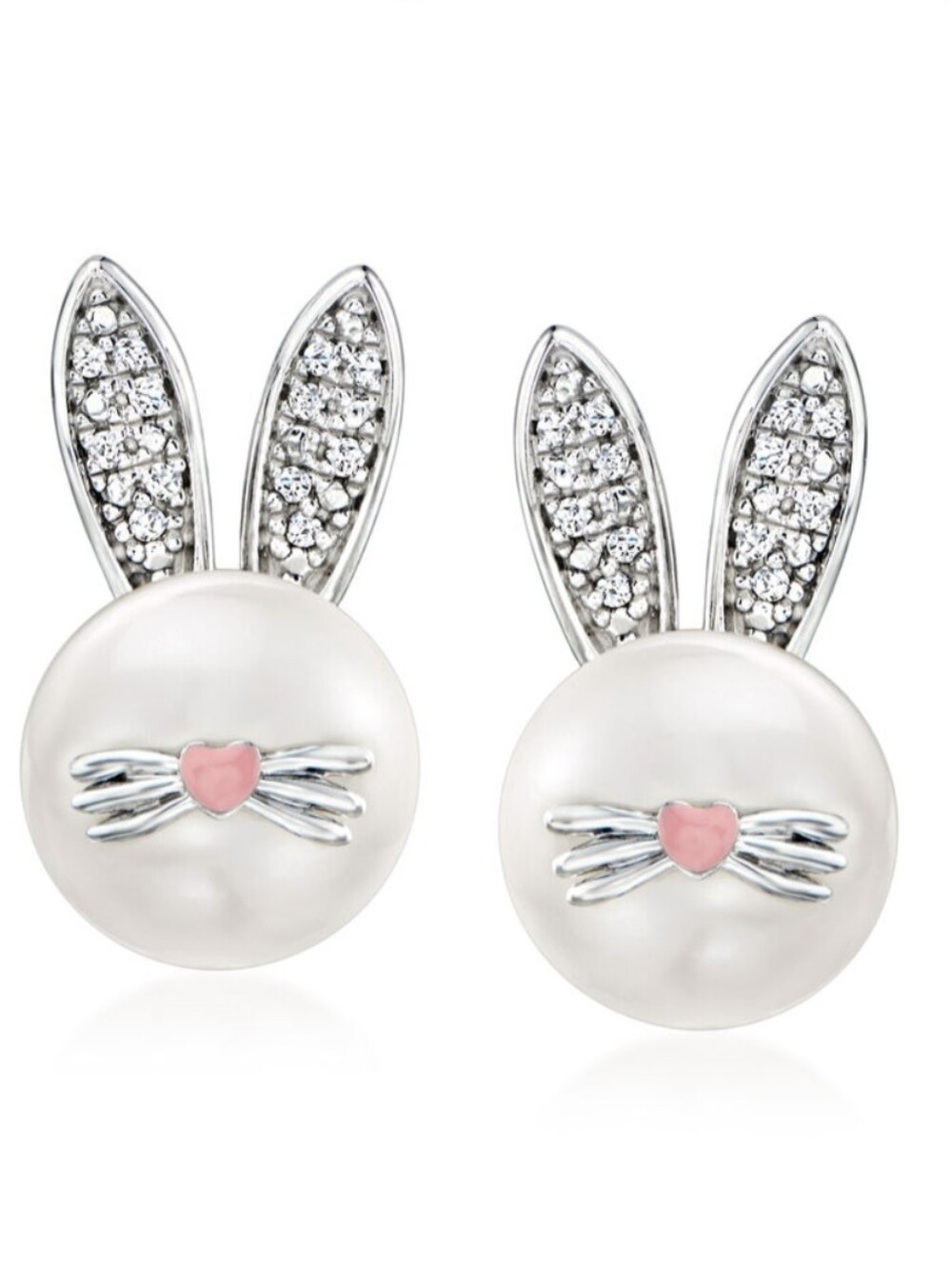 Ross-Simons Pearl Bunny Earrings, Diamond Accents, Pink Enamel, Sterling Silver
